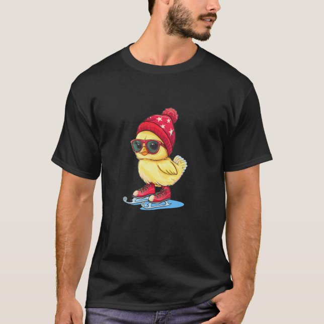 Camiseta Frango engraçado com óculos de sol e patins de gel (Frente)