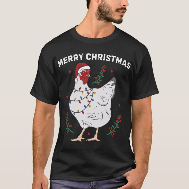 Camiseta Frango Feliz Natal Engraçado Santa Hat Chicken Li (Frente)