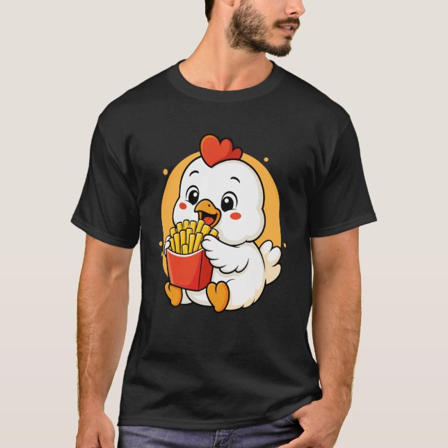 Camiseta Frango Fofo Comendo Batatas Fritas Engraçado Anima (Frente)