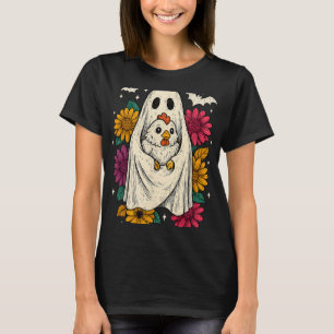 Camiseta Frango Retro Fantasma Halloween Floral Fofo Animal