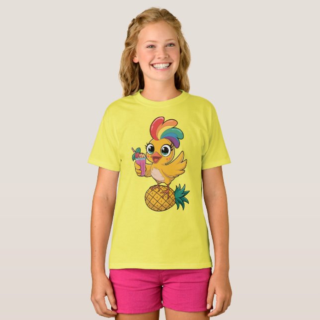 Camiseta Frango Tropical Fofo com Penas Arco-íris (Frente Completa)