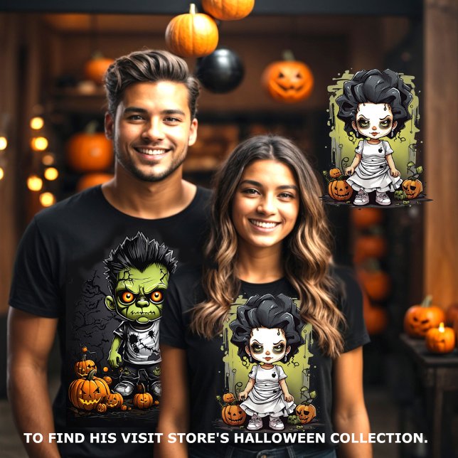 Camiseta Frankenstein e seus Casais de noiva combinando (Halloween couples matching tee. Frankenstein and his bride visit store to find his.)