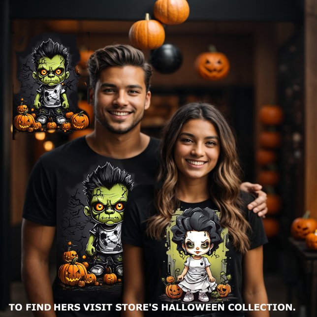 Camiseta Frankenstein e seus Casais de noiva combinando (Halloween couples matching tee. Frankenstein and his bride visit store to find hers.)