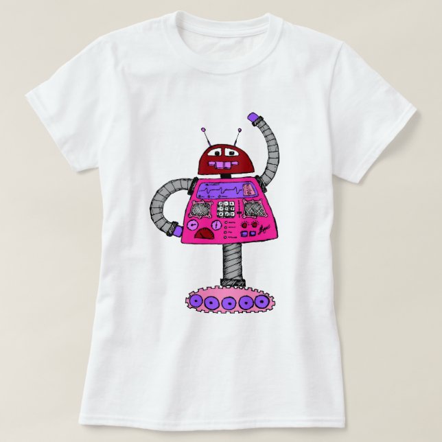 Camiseta Frankie Robot: Rosa em branco (Frente do Design)