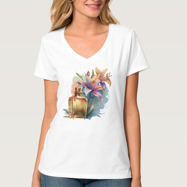 Camiseta Frasco de Perfume Floral Lírios Branco Mulher Bran (Frente)