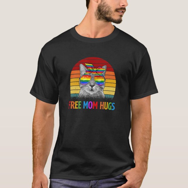 Camiseta Free Mãe Hugs Lgbt Pride Gato Giro Bandeira Arco-Í (Frente)
