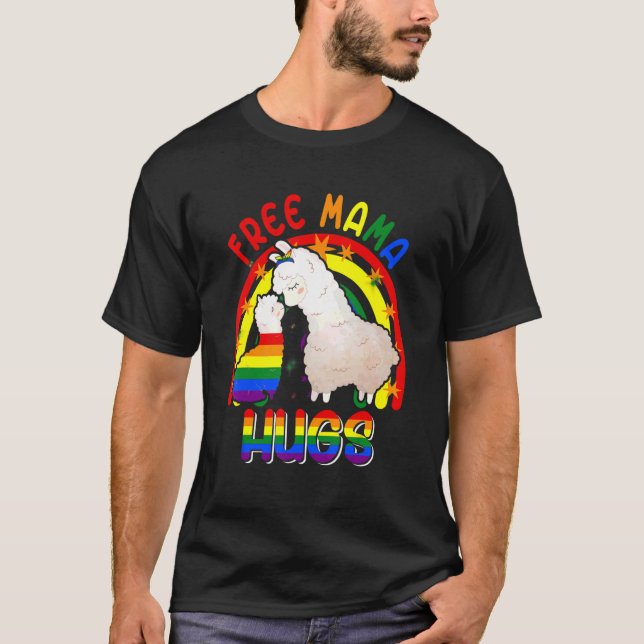 Camiseta Free Mama Hugs Dois Llamas Orud Lgbt Rainbow Famil (Frente)