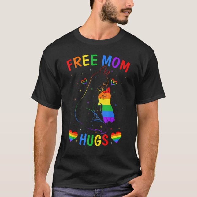 Camiseta Free Mom Hugs LGBT Cat Gay Pride Rainbow Cat  Ally (Frente)