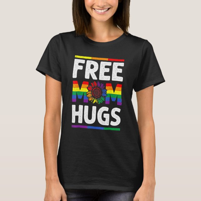 Camiseta Free Mom Hugs LGBT Pride Leopard Sunflower Rainbow (Frente)