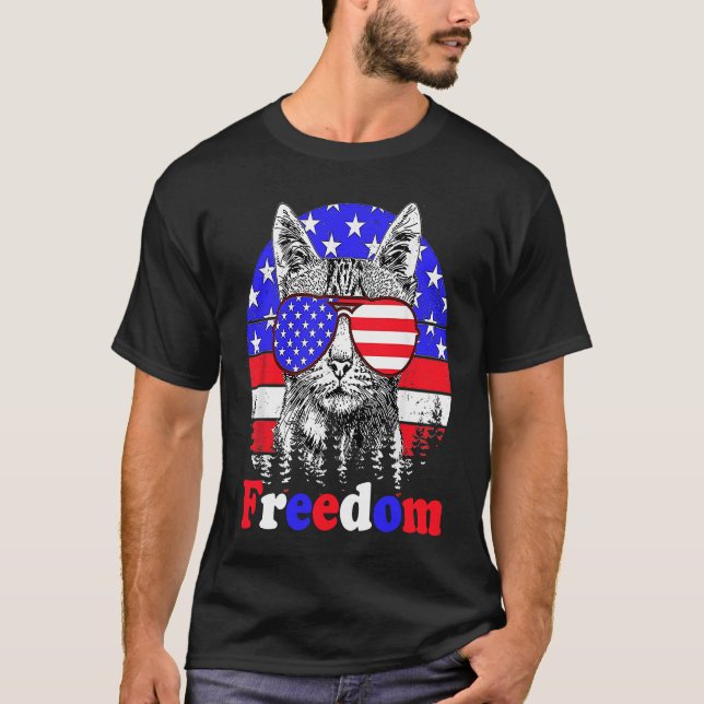 Camiseta Freedom Cat American Flag 4 de julho (Frente)