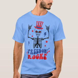 Camiseta Freedom Rocks Skeleton American Flag Feliz 4º de