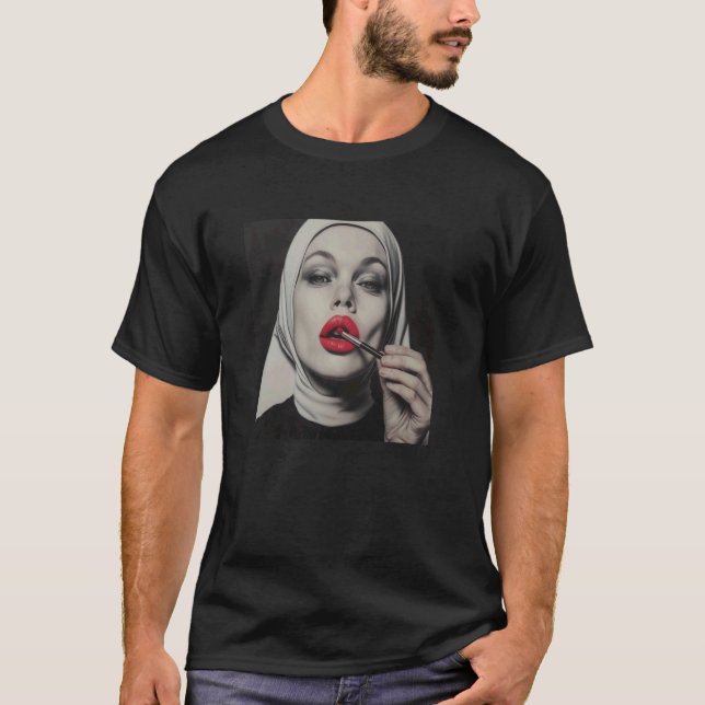 Camiseta freira rebelde com batom, freira rebelde (Frente)