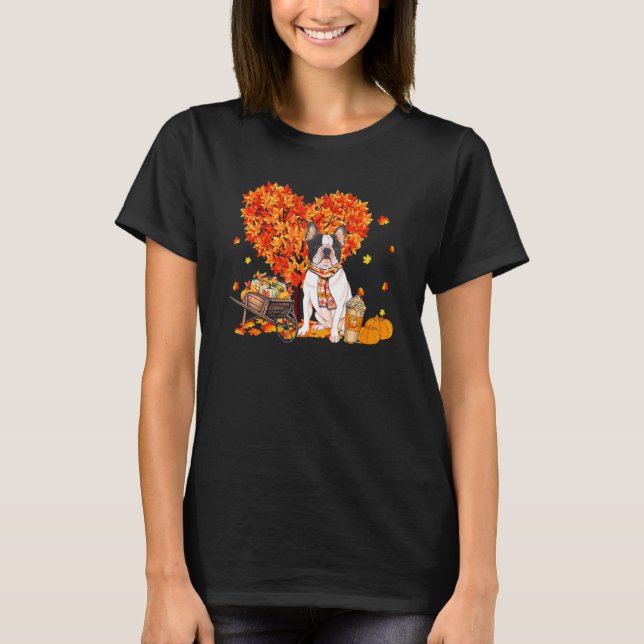 Camiseta French Bulldog Autumn Tree Fall Leaves Pumpkin Dog (Frente)