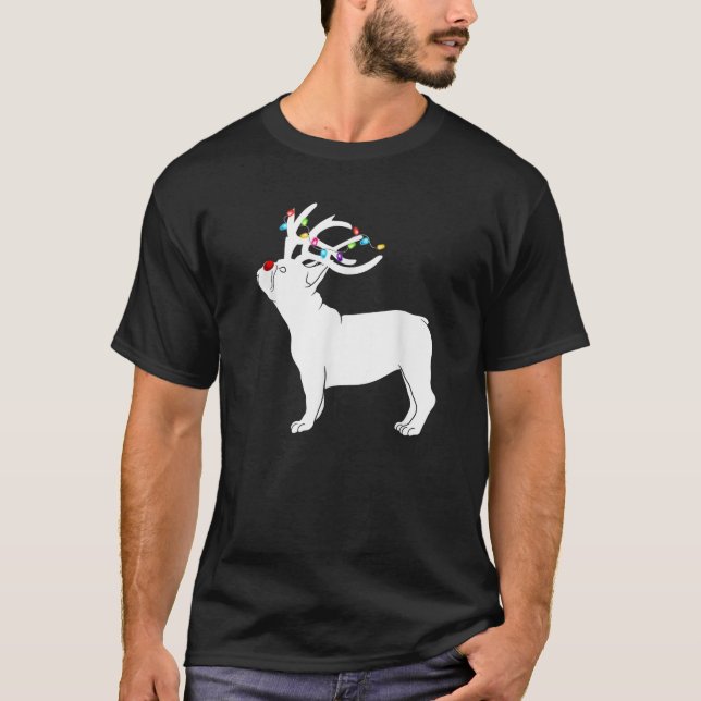 Camiseta French bulldog Dog Reindeer Lights Plaid Santa Hat (Frente)