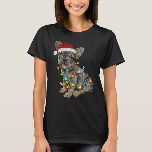 Camiseta French Bulldog Dog Tree Christmas Lights Xmas Paja (Frente)
