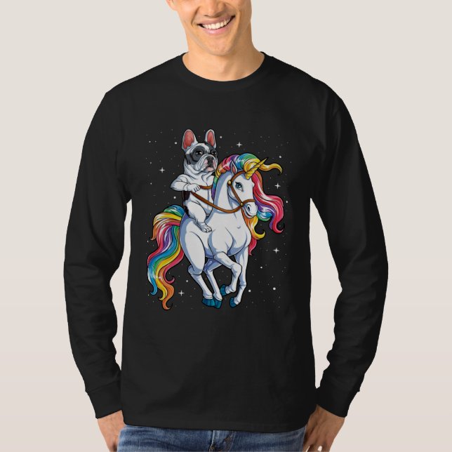 Camiseta French Bulldog Riding Unicorn Girls Rainbow  Galax (Frente)