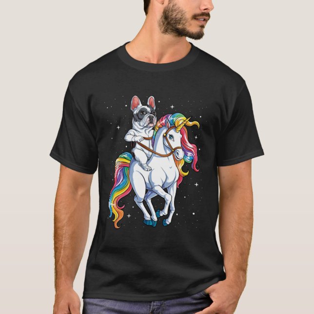 Camiseta French Bulldog Riding Unicorn Girls Rainbow  Galax (Frente)