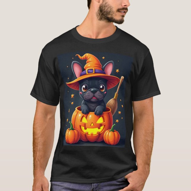 Camiseta French Bulldog Witch Pumpkin Halloween Mens Womens (Frente)