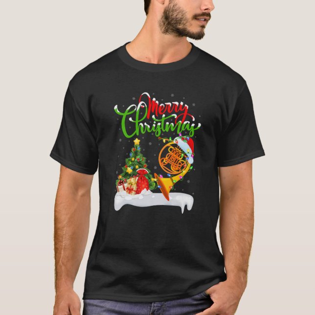 Camiseta French Horn Lover Xmas Lighting Santa French Horn (Frente)