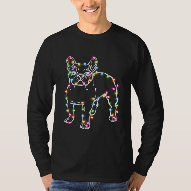 Camiseta Frenchie com as luzes de Natal Feliz Natal (Frente)