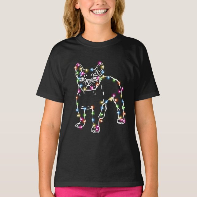 Camiseta Frenchie com as luzes de Natal Feliz Natal (Frente)