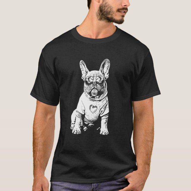 Camiseta Frenchie Dog Sunglasses Cool Black White Dog Motif (Frente)