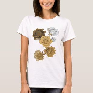 Camiseta Frescas Rosas Douradas Cinzas Arte de Texto 3D