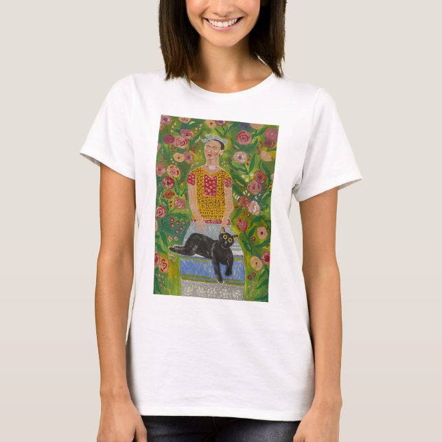 Camiseta Frida Kahlo e seu Gato Negro entre Rosas (Frente)