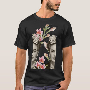 Camiseta Frida Kahlo impressão, flores, cor, preto e branco