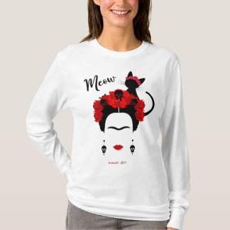 Camiseta Frida Kahlo retrato e meau giro gato mexicano