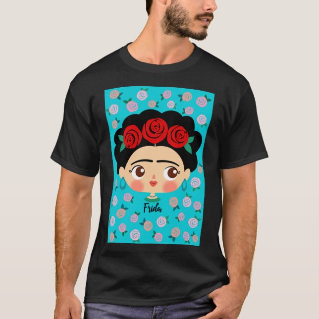 Camiseta Frida Kahlo - Rosas - D8 Clássico T-Shirt Essencia (Frente)