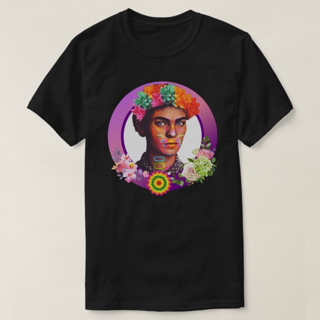 Camiseta Frida Kahlo, Roxo Vibrante, Retrato com Flores (Frente do Design)