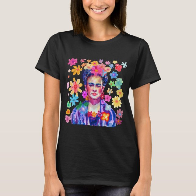 Camiseta Frida Kahlo Watercolor Retro Groovy Flowers Mulher (Frente)