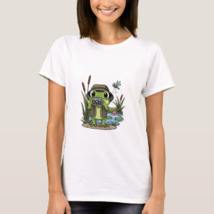 Camiseta Frog fotógrafo fofo com câmera, libélula