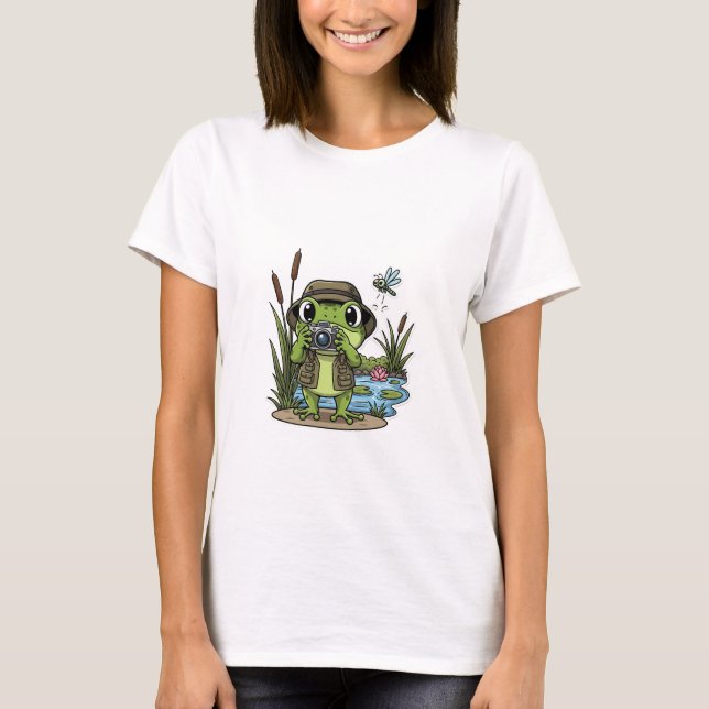 Camiseta Frog fotógrafo fofo com câmera, libélula (Frente)