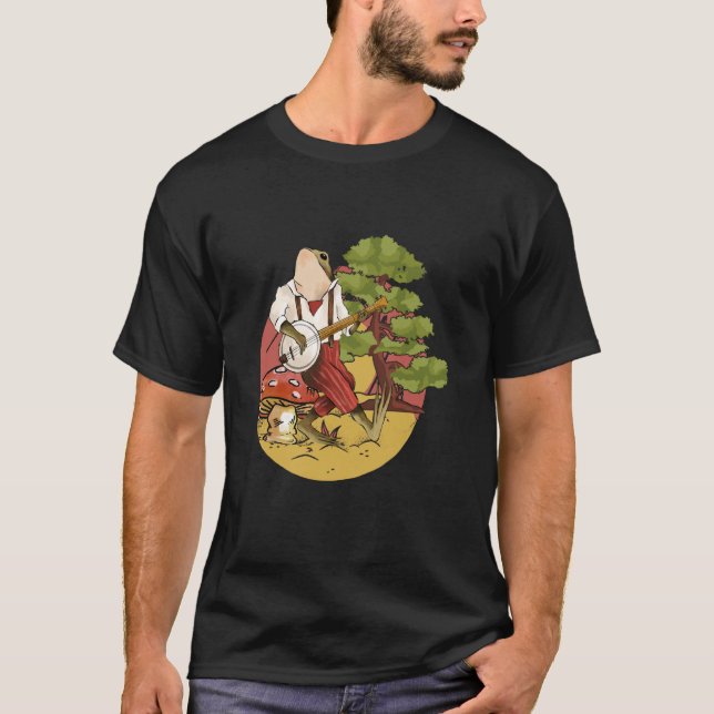 Camiseta Frog Playing Banjo on a Mushroom cute Frog (Frente)