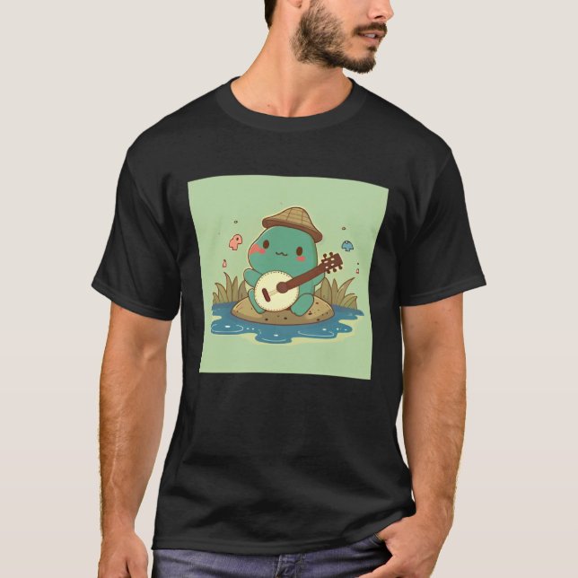 Camiseta Frog wearing cute hat playing banjo in pond with b (Frente)