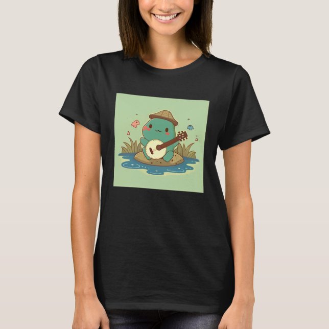 Camiseta Frog wearing cute hat playing banjo in pond with b (Frente)