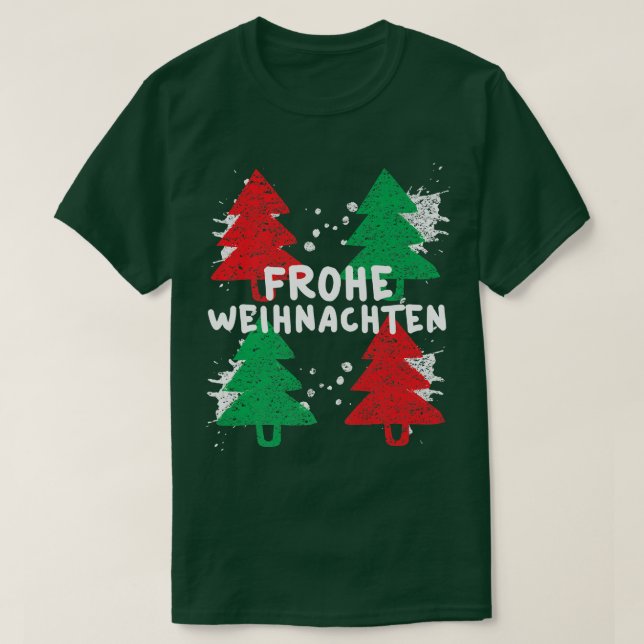 Camiseta Frohe Weihnachten Árvore de Natal Verde e Vermelho (Frente do Design)