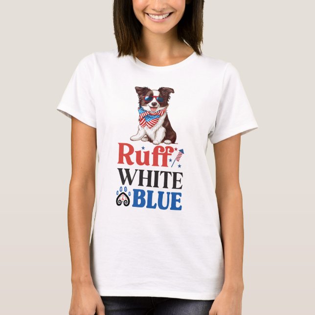 Camiseta Fronteira Patriótica Collie Ruff Branco e Azul (Frente)