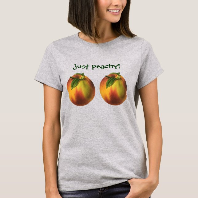 Camiseta Fruta de Comida, Pêssego Orgânico Elevado com Folh (Frente)