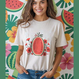 Camiseta Fruta de melancia com flores vermelhas fruto flora
