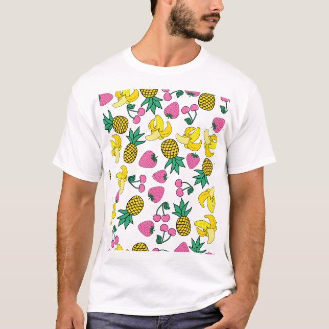 Camiseta Fruta Fiesta: Bananas, Ananases, Morangos (Frente)