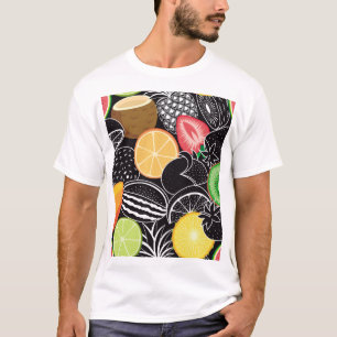 Camiseta Frutas tropicais coloridas, fundo preto.