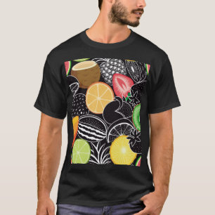 Camiseta Frutas tropicais coloridas, fundo preto.