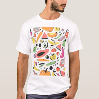 Camiseta Frutas, vegetais desenhados à mão.