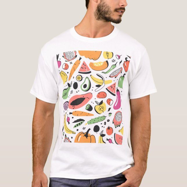 Camiseta Frutas, vegetais desenhados à mão. (Frente)