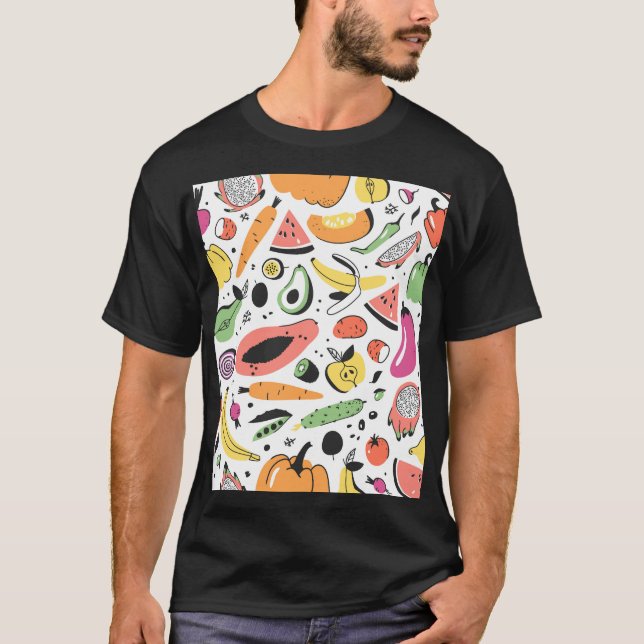 Camiseta Frutas, vegetais desenhados à mão. (Frente)