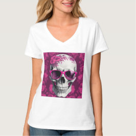 Camiseta Fuchsia Floral 3D Morto Caveira vestindo óculos es