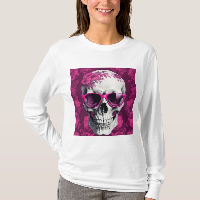 Camiseta Fuchsia Floral 3D Morto Caveira vestindo óculos es (Frente)
